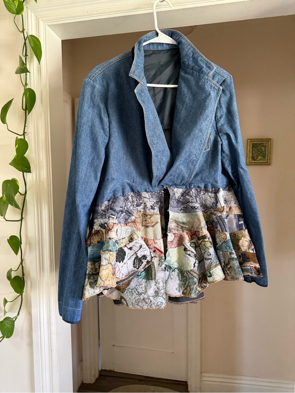 Funky upcycled Jean jacket with hand sewn frilly bottom size medium
